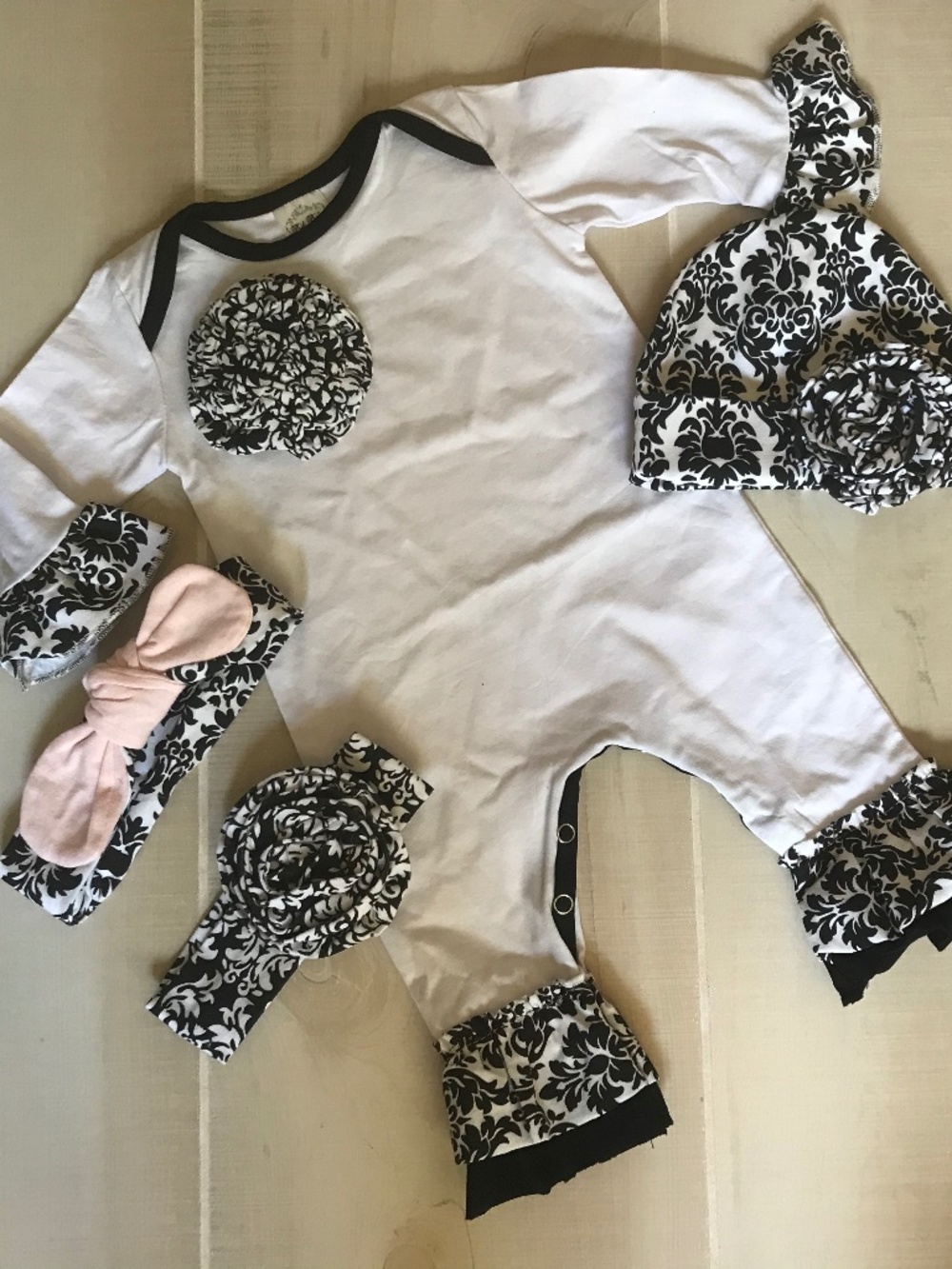 Posh Baby Blooms Ruffle Romper set in Damask